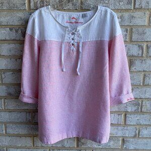 Tommy Bahama 100% Linen 3/4 Sleeve Lace Up Neck "Live the Island Live" Size L